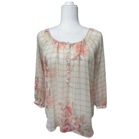 LC Lauren Conrad Cream Striped Floral Sheer Long Sleeve Top - Size Small - Picture 10 of 16